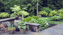Container garden and patio with stone walls